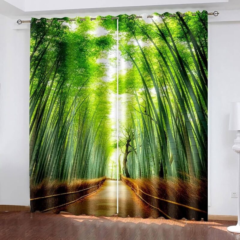Thermal Blackout Curtains for Bedroom, Polyester Fabric Path to Natural Tree Light Blocking Window Curtain, Green Brown, 2 Panels W40 x L90
