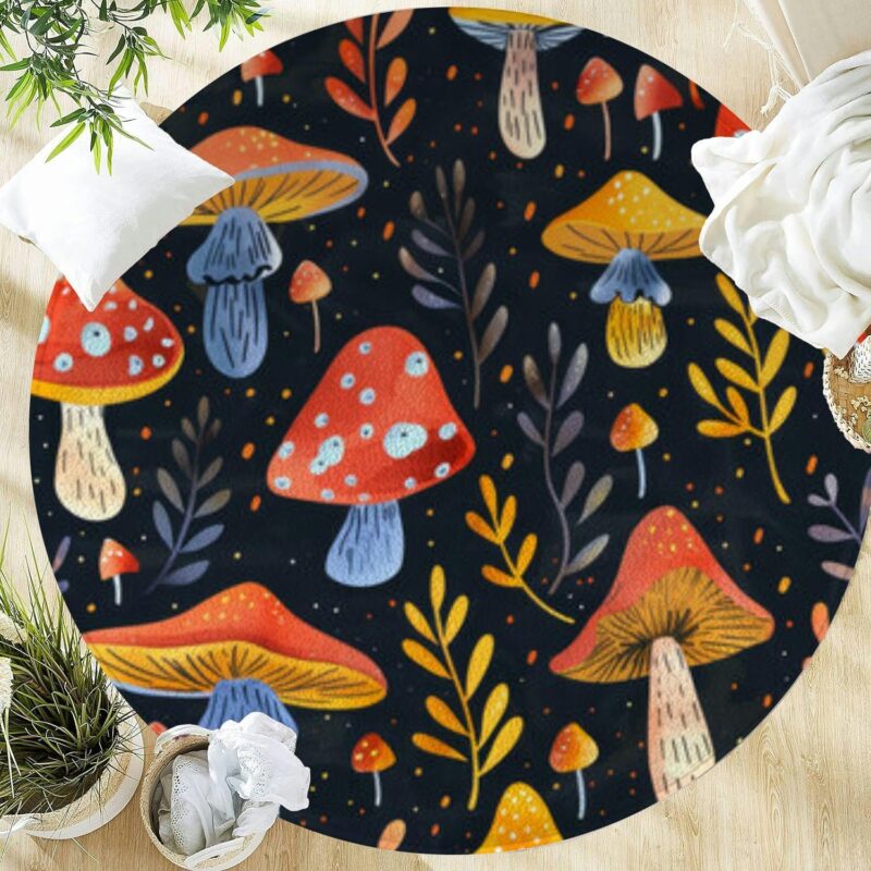 Large Round Washable Area Rugs 5ft Mushrooms Cute Colorful Drawing Art Culinary Food Backdrop Cooking in Rugs for Bedroom Living Room Dining Room Table Kitchen Bathroom Entryway Circular Carpet