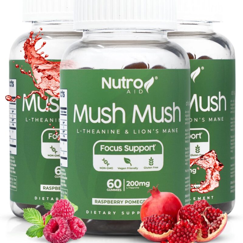 Lions Mane Supplement - Mushroom Gummies - Mush Mush Genius Mushrooms Magic Mind - Promotes Focus with L-Theanine & Lions Mane - Raspberry & Pomegranate Flavor for Perk Energy - 180 Gummies
