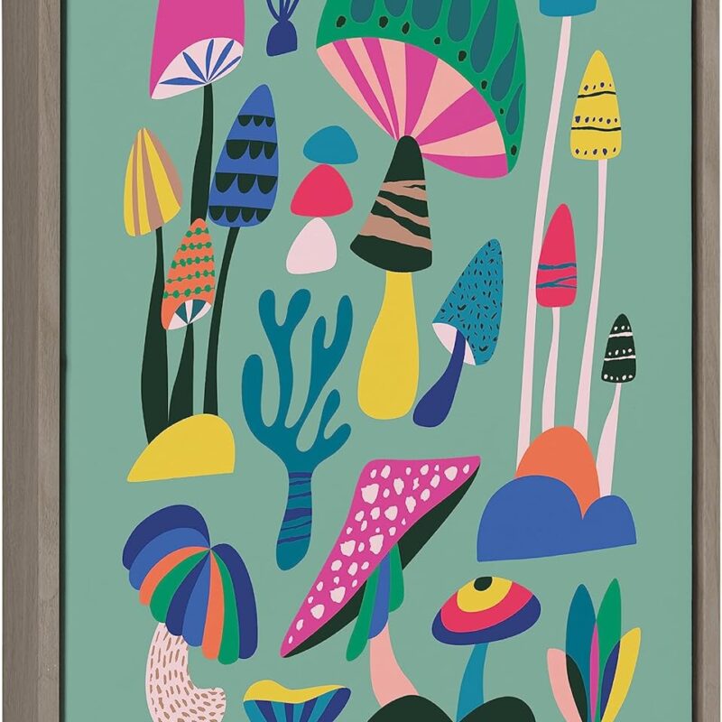 Kate and Laurel Sylvie Mid Century Modern Magic Mushrooms Framed Canvas Wall Art by Rachel Lee of My Dream Wall, 18x24 Gray, Colorful Plant Illustration Art for Wall