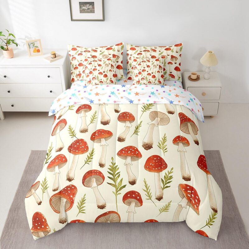 Feelyou Red Mushroom Bed Set King Size Cute Wild Mushroom 7 Pieces Bedding Set Girls Children Kawaii Botanical Bedding Sets Includes Comforter, Sheet Set, Pillowcases & Pillow Covers Set