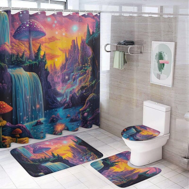 Watercolor Mountain Shower Curtains with Rugs Toilet Lid Cover and Bath Mat for Bathroom,Home Tub Curtains Sets with Rugs Beautiful Mushroom River Fantasy Print Four-Piece