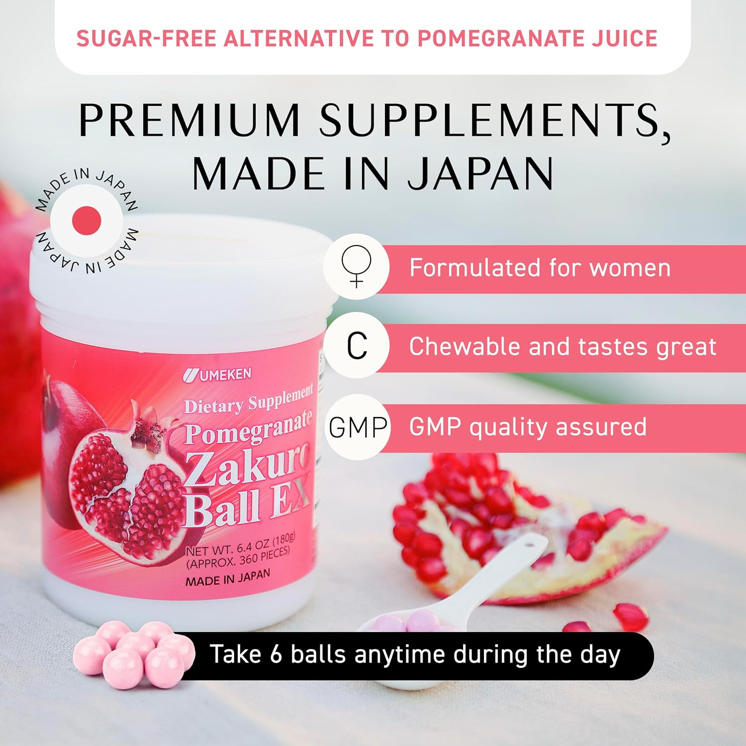81hATLdDFgL._AC_SL1500_.jpg Pomegranate Balls, Chewable Supplement with Natural Vitamins, Minerals, Citric Acids & Tannins, Japanese Pomegranate Supplements for Women, 2 Month Supply, 360 Count Bottle, Pack of 1 - Image 4