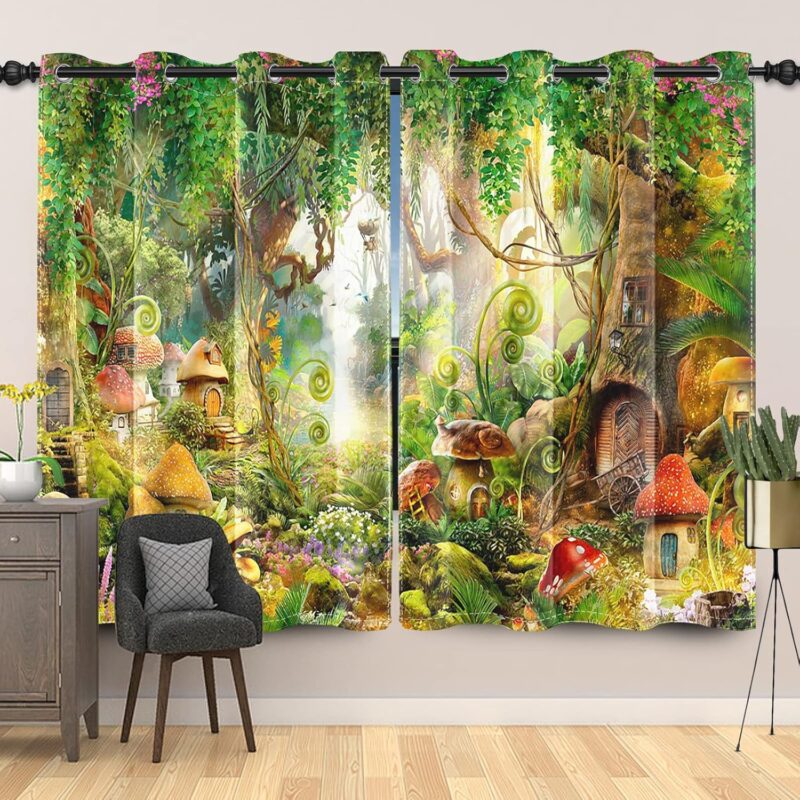 Laeacco Enchanted Forest Blackout Curtains Fairytale Mushroom Wonderland Curtain Drapes Green Trees Vines Plants Window Curtains for Kids Boy Girl Bedroom Home Living Dining Room 52x84 Inch, 2 Panels