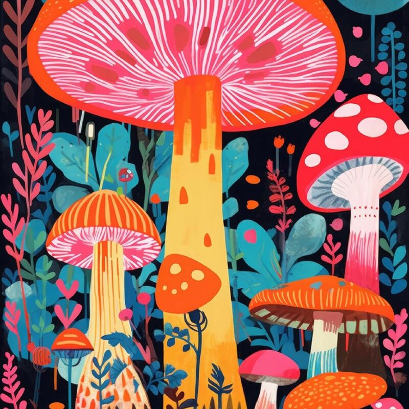 Mushroom Trip Illustration 1 - Art Print Poster Painting - Museum Quality Giclee Home Wall Décor // Size: A1 (594 x 841 mm)