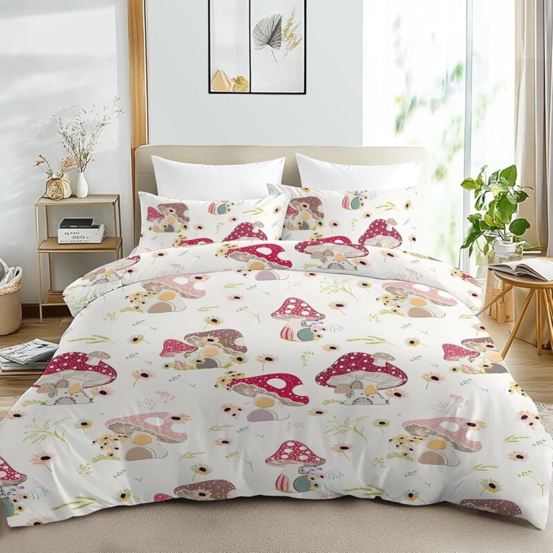 SOULZZZ Cute Red Mushrooms Bedding Set for Girls Women Sunflower Daisy House Mushrooms Comforter Cover Wild Fungus Botanical Leaf Mushroom Duvet Cover Set with 2 Pillowcases