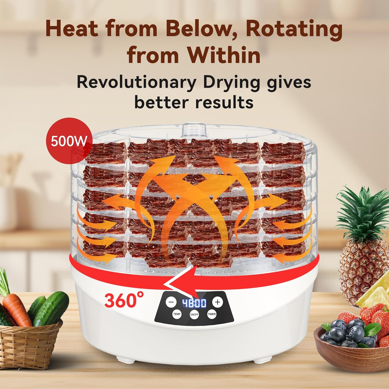 81ii6Q0ZKVL._AC_SL1500_.jpg Food Dehydrator for Jerky, 500W 5 BPA-Free 360ยฐ Rotating Trays Dehydrator Machine for Yogurt, Meat, Mushroom, Fruits, Veggies, Dog Treats, Recipes Cookbook included, Yogurt Maker Machine - Image 2