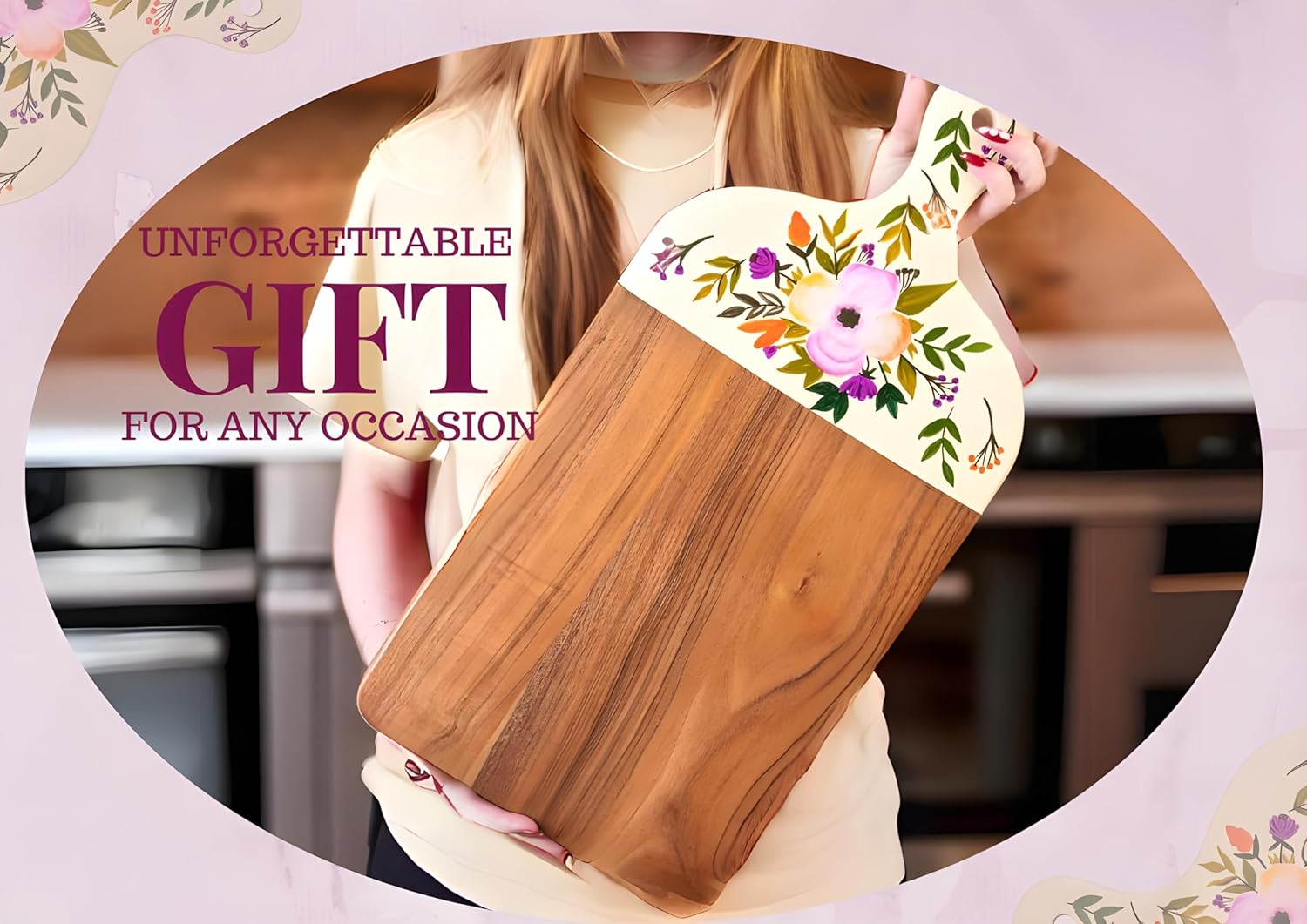 81jKU4t01QL._AC_SL1500_.jpg Acacia Wood Cutting Board for Kitchen – Large Wooden Decorative Hand Painted for Charcuterie Chopping Cheese bread and meat - With Handle (21 x 10 x 0.8 in) (Pink) - Image 9