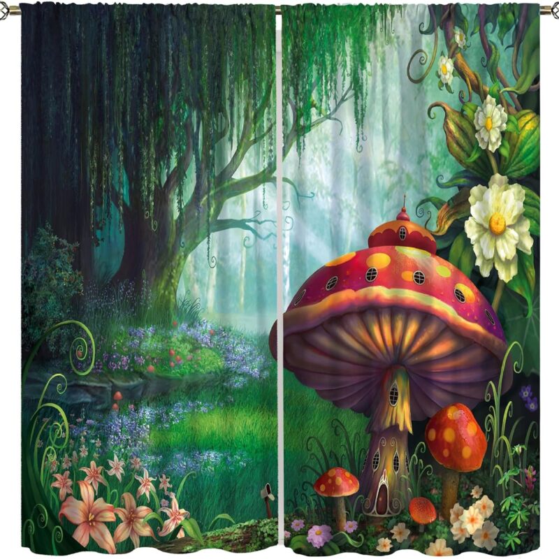 Enchanted Mushroom Forest Blackout Curtains for Kids,3D Fantasy Fairytale Wonderland Mysterious Green Flower Mushroom House Window Drapes Print for Boys Girls Room Bedroom Bathroom 52x96in
