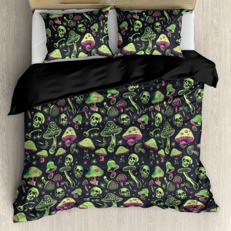 Mushroom Duvet Cover Set Queen Size Green Trippy Mushrooms Comforter Cover with Skulls Print Home Bedding Quilt Cover 3 Pieces with 2 Pillowcases