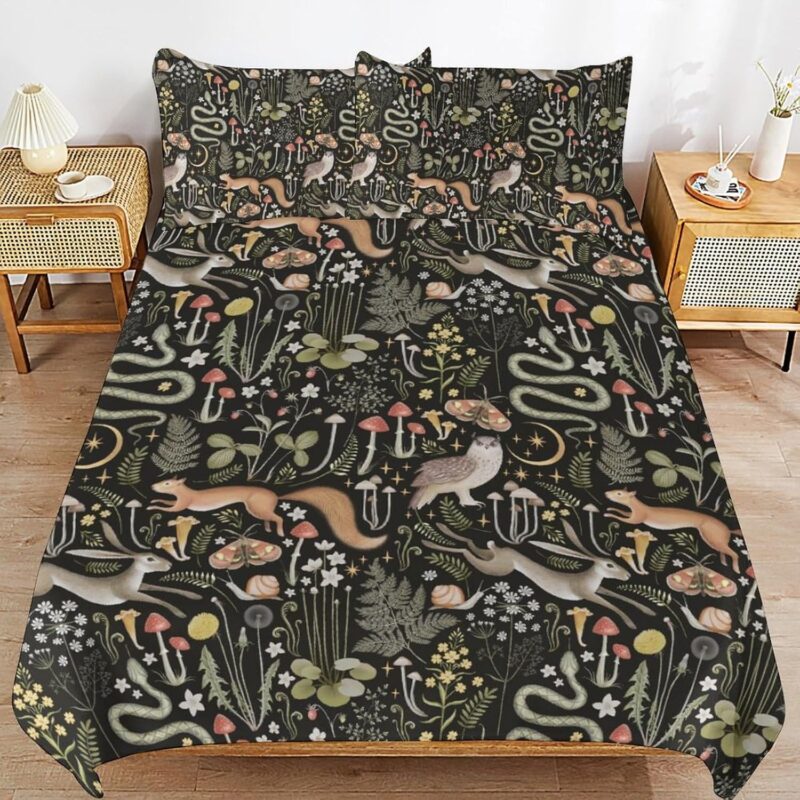 Mushroom Comforter Set,Forest Wild Animal Botanical Comforters Set 3Pcs Bed Cover Bed Sheet Bedspread for Vacation Family Hotel House 2 Pillowcase, All Season 86x70in
