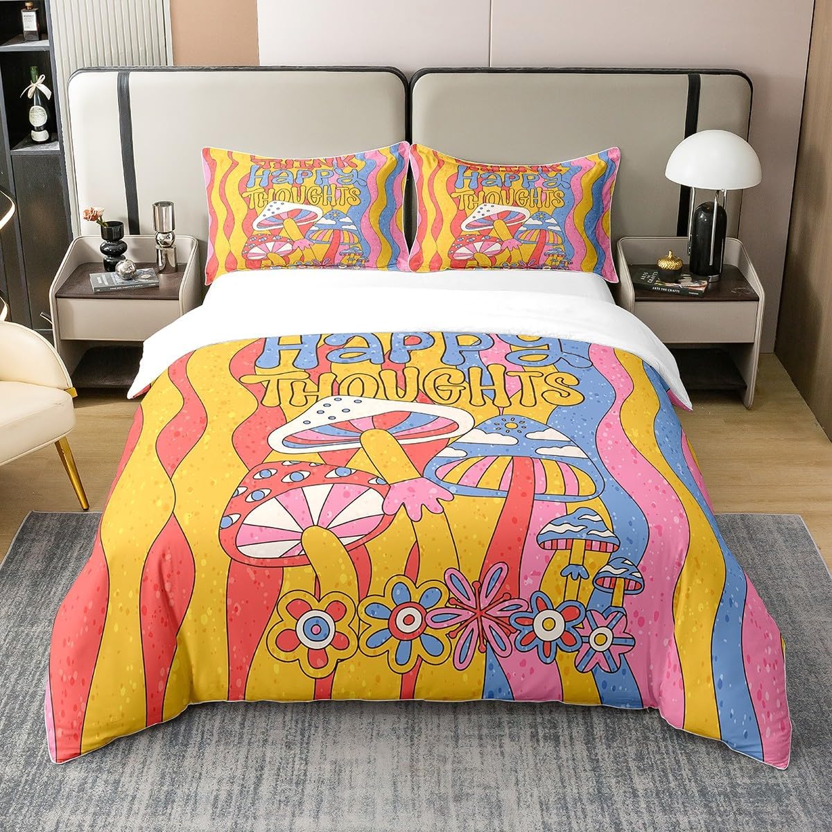 81mENvjW87L._AC_SL1200_.jpg Erosebridal 100% Cotton Hippie Mushroom Bedding Sets Queen 70S 80S Groovy Party Comforter Cover,Vintage Fashion Bed Set Abstract Art Stripes Duvet Cover,Cute Kawaii Rainbow Quilt Cover Microfiber
