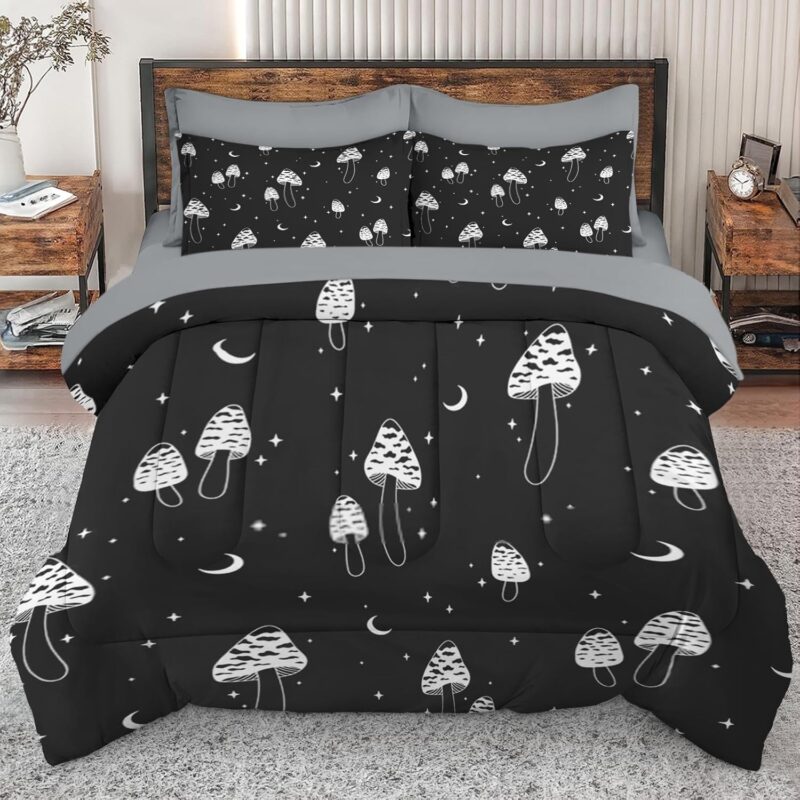 7 Pcs Comforter Set Full Size, Mushroom Moon Wildlife Bed in a Bag with Flat and Fitted Sheet for Kids and Adults, Hippie Boho Star Bedding Set with 2 Pillowcases & 2 Shams