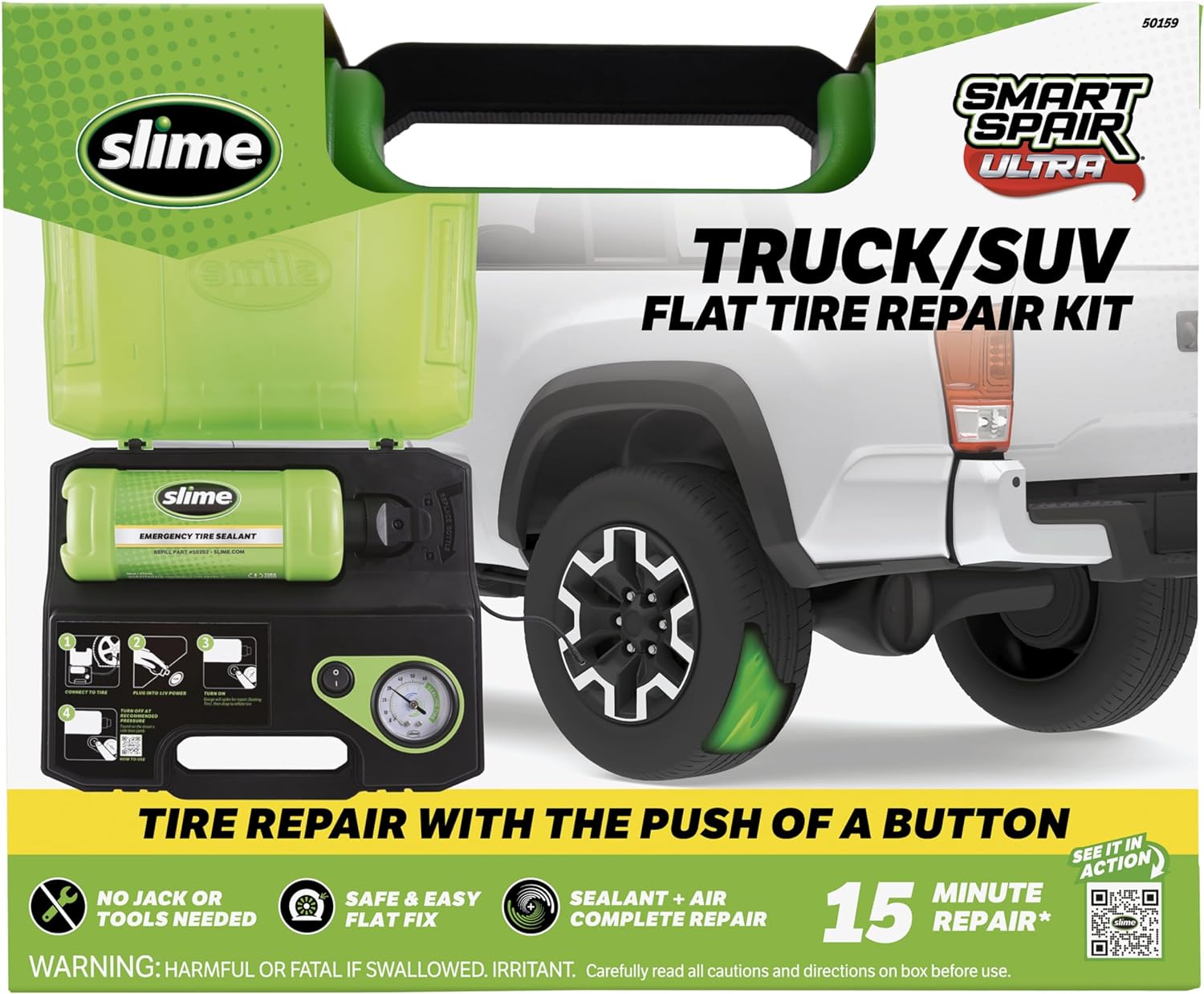 81niJhWvUxL._AC_SL1500_.jpg Slime 50159 Flat Tire Repair Kit, Smart Spair Ultra, All-in-one Solution, Repairs and Inflates, Truck/SUV, 15 Min Fix