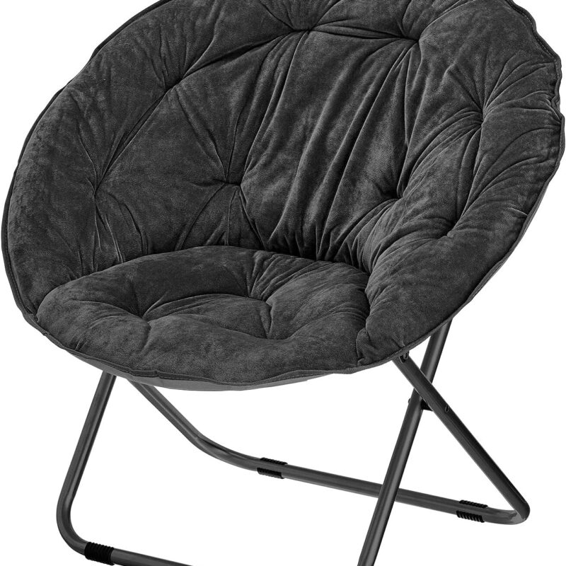 mDesign Urban Papasan Folding Moon Chair - Large Saucer UFO Chair with Collapsible Metal Frame - Fuzzy Foldable Dish Seat for Home Office, Living Room, Dorm Room, and Bedroom - Black