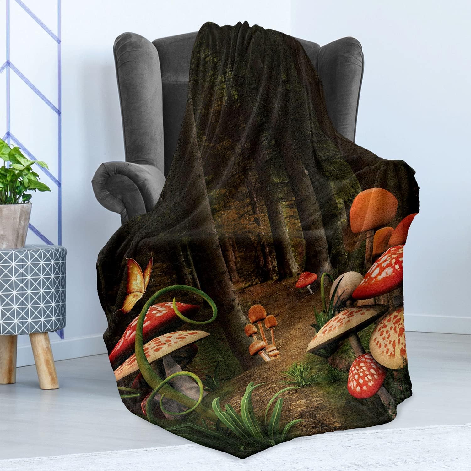 81oMOrGldfS._AC_SL1500_.jpg Ambesonne Mushroom Soft Flannel Fleece Throw Blanket, Mushrooms in Deep Dark Forest Fantasy Nature Theme Earth Path, Cozy Plush for Indoor and Outdoor Use, 60" x 80", Pomegranate Green - Image 3