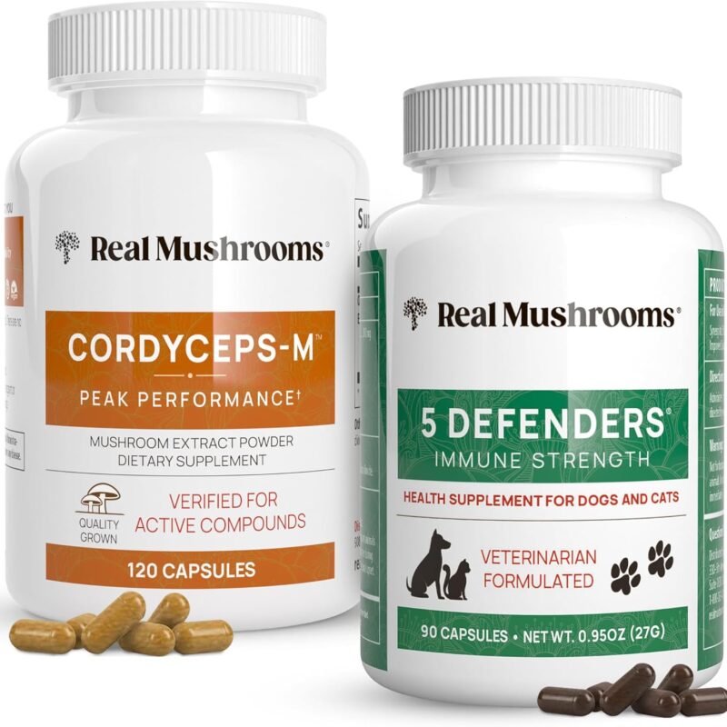 Real Mushrooms Cordyceps for Humans (120ct) & 5 Defenders for Pets (90ct) - Capsules Bundle - Performance, Energy, Endurance & Immune Strength - Vegan, Non-GMO, Organic