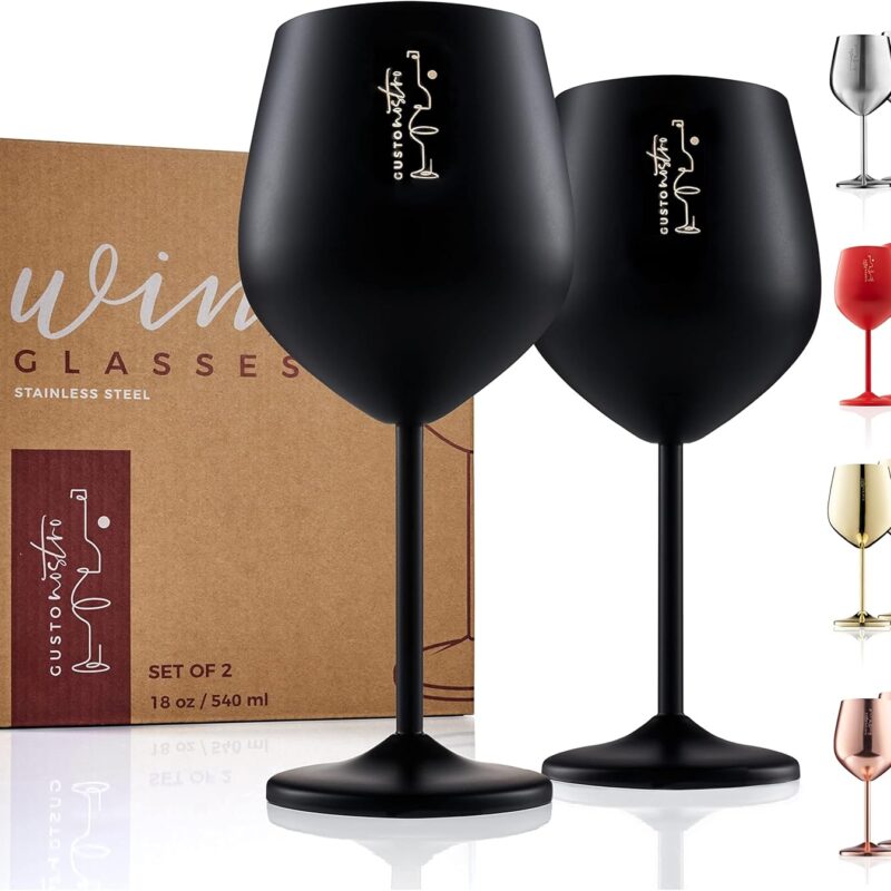 Gusto Nostro Stainless Steel Wine Glass - 18 oz - Unbreakable Black Wine Glasses for Travel, Camping and Pool - Fancy, Unique and Cool Portable Metal Wine Glass for Outdoor Events, Picnics (Set of 2)