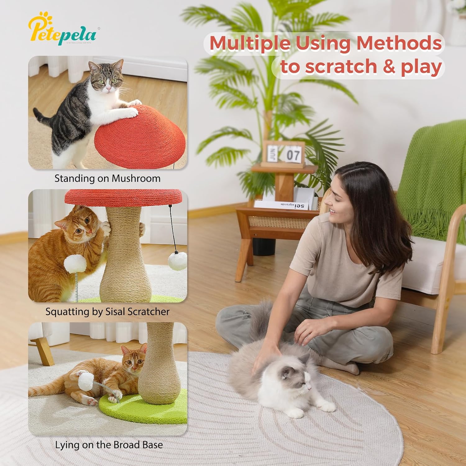81qsxLpuktL._AC_SL1500_.jpg PETEPELA Cactus Cat Tree for Indoor Cats, 31.5'' Small Cat Tower Cat Condo with Sisal Scratching Ramp+Mushroom Cat Scratching Post, Cat Scratcher Cute with 100% Sisal Covered Scratching Post - Image 6
