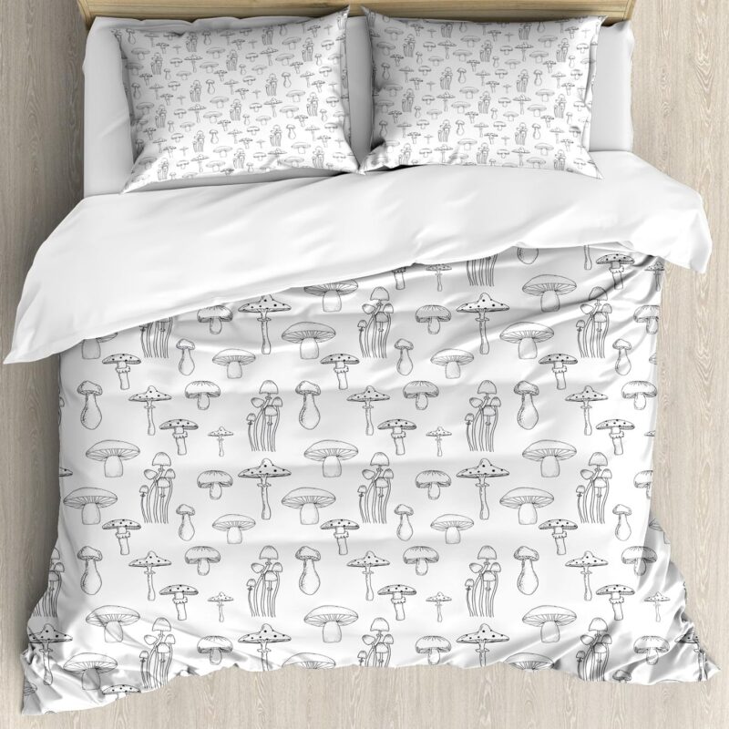 Ambesonne Mushroom Duvet Cover Set, Pattern with Different Mushrooms Doodle Style Monochrome Display Garden Print, Decorative 3 Piece Bedding Set with 2 Pillow Shams, Queen Size, White and Black