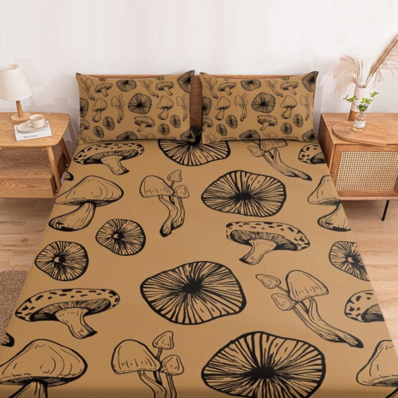 Twin Fitted Bed Sheet Set Black Nature Line Mushroom Bedsheet & Pillowcase Sets-1 Deep Pocket Elastic Bedspread for 16In Mattress with 1 Decorative Pillowcase Vintage Forest Vegetable