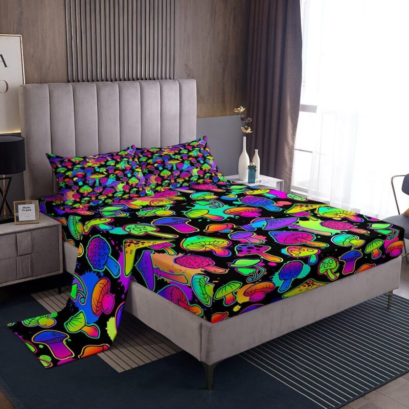 Mushroom Bed Sheets Queen Cute Mushroom Sheet Set For Kids Girls Boys Trippy Cartoon Tie Dye Fitted Sheet Room Decor Teal Purple Neon Ombre Bedding Set Wild Colorful Botanical Bed Sheet Set