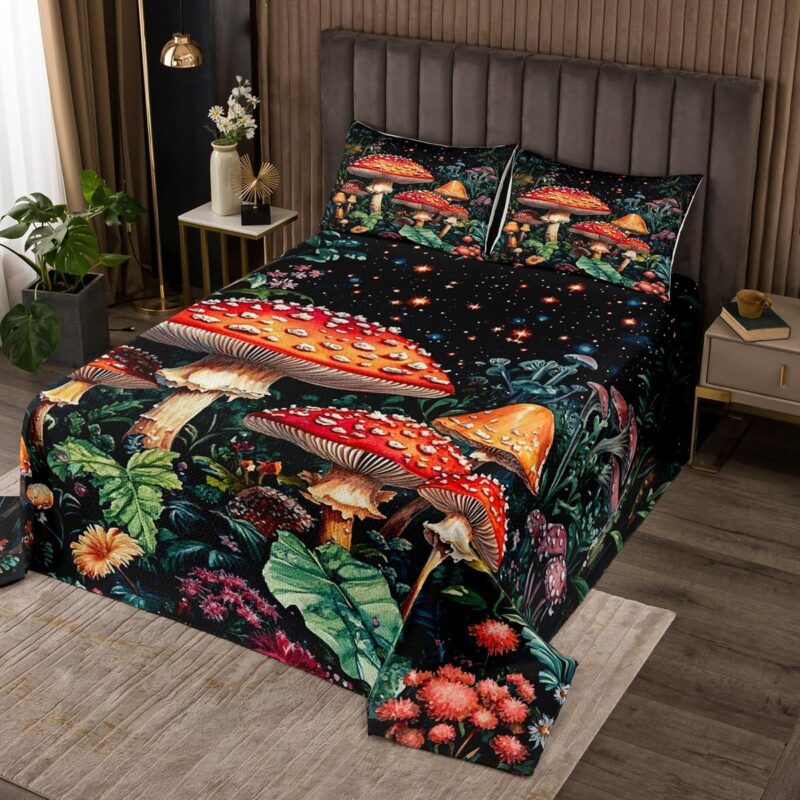 jejeloiu Cartoon Mushrooms Coverlet Set,for Kids Boys Girls,Twin Size,Botanical Theme Bedspread Ultra Soft Natural Wild Fungus Quilted Coverlet,Star Print Quilted Room Decor,Red Mushroom