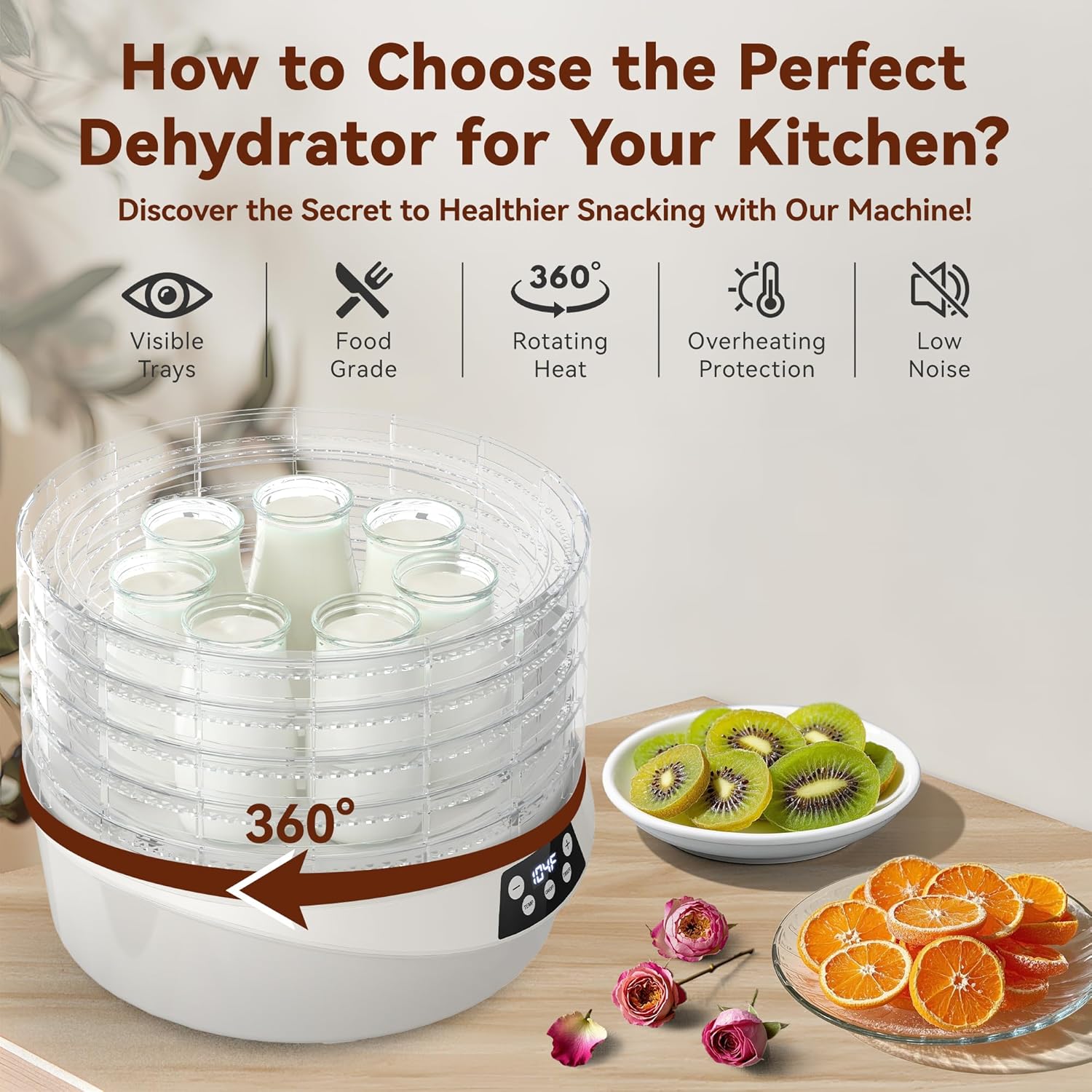 81ttLfENQ1L._AC_SL1500_.jpg Food Dehydrator for Jerky, 500W 5 BPA-Free 360ยฐ Rotating Trays Dehydrator Machine for Yogurt, Meat, Mushroom, Fruits, Veggies, Dog Treats, Recipes Cookbook included, Yogurt Maker Machine - Image 3