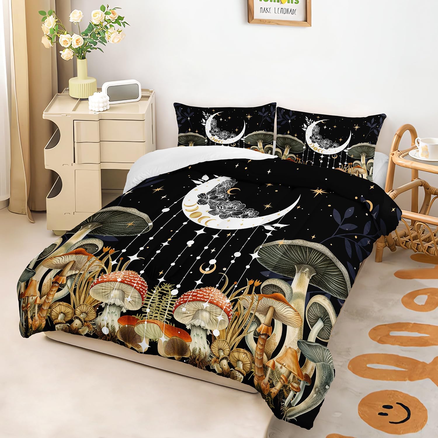 81uFGQ4EylL._AC_SL1500_.jpg AILONEN Queen Bedding Set,Sun and Moon Boho Mushroom Comforter Set,Natural Wild Fungus Bedding Set for Kids Boys Girls,Bohemian Plant Comforter with 2 Pillowcases,3 Piece - Image 2