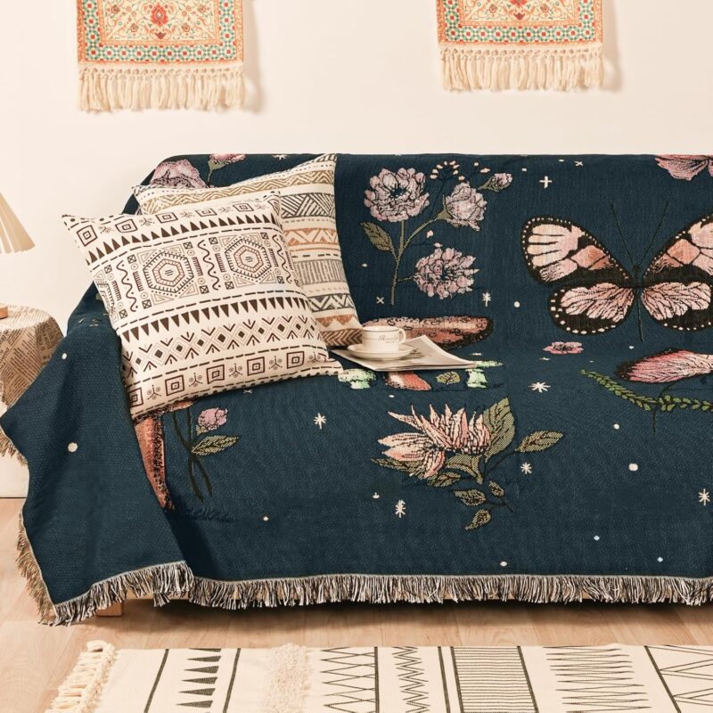 Boho Throw Blanket for Bed Couch Sofa Reversible Cotton Bohemian Travel Boho Quilt Mexican Muslin Blanket Tapestry Hippie Room Decor Outdoor Blanket Double Sided (Mushroom 60"x80")