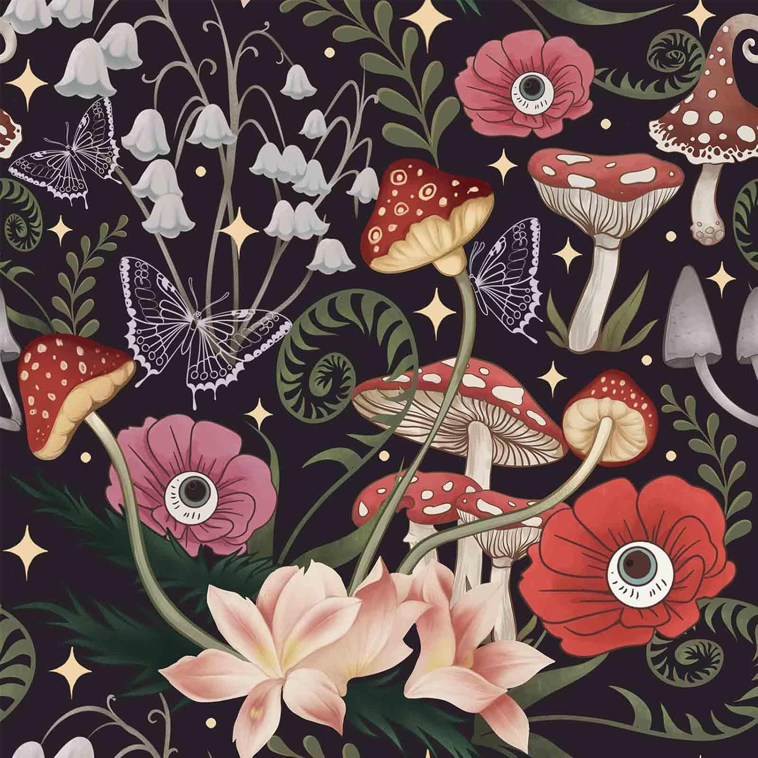 81uvY11cBHL._AC_SL1500_.jpg Abyssaly 17.7in x 236in Mushroom Wallpaper Peel and Stick Boho, Black Floral Forest Contact Paper+17.7in x 236in Mushroom Peel and Stick Wallpaper Boho, Forest Floral Removable Contact Paper