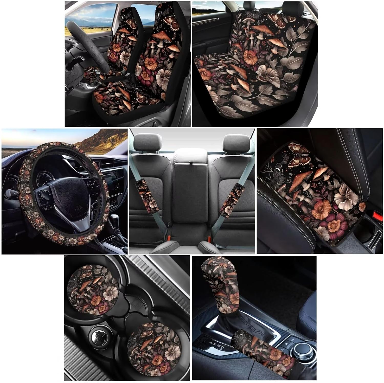 81uwcvzOggL._AC_SL1500_.jpg Mushroom Butterfly Flower Print Car Seat Covers Sets of 12 Waterproof Steering Wheel Cover, Auto Seat Belt Cover, Armrest Cover, Handbrake Cover, Coasters for Vehicle SUV Truck - Image 2