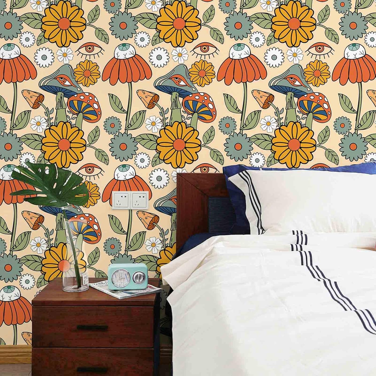 81vC4v28dZL._AC_SL1500_.jpg Abyssaly 17.7in x 236in Mushroom Wallpaper Peel and Stick Boho, Black Floral Forest Contact Paper+17.7in x 236in Mushroom Peel and Stick Wallpaper Boho, Forest Floral Removable Contact Paper - Image 6
