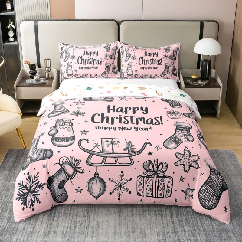 Erosebridal Xmas Stocking Pattern 100% Cotton Duvet Cover Queen, Pink Happy Christmas Comforter Cover, Cute Stick Figure Bedding Set, Rustic Bed Set for Kids Teens Reversible Xmas Theme