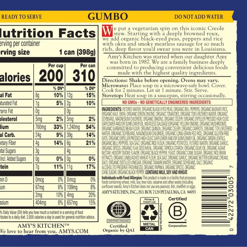 Amy's Soup, Black-Eyed Pea & Kale Gumbo, 14 Oz, Pack of 12
