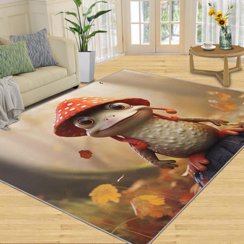 Whimsical Mushroom Frog Area Rug 2x6ft Fantasy Toad with Toadstool Hat Bedroom Rug Autumn Forest Living Room Rug, Indoor Non-Slip Rugs for Front Entrance Floor Decor