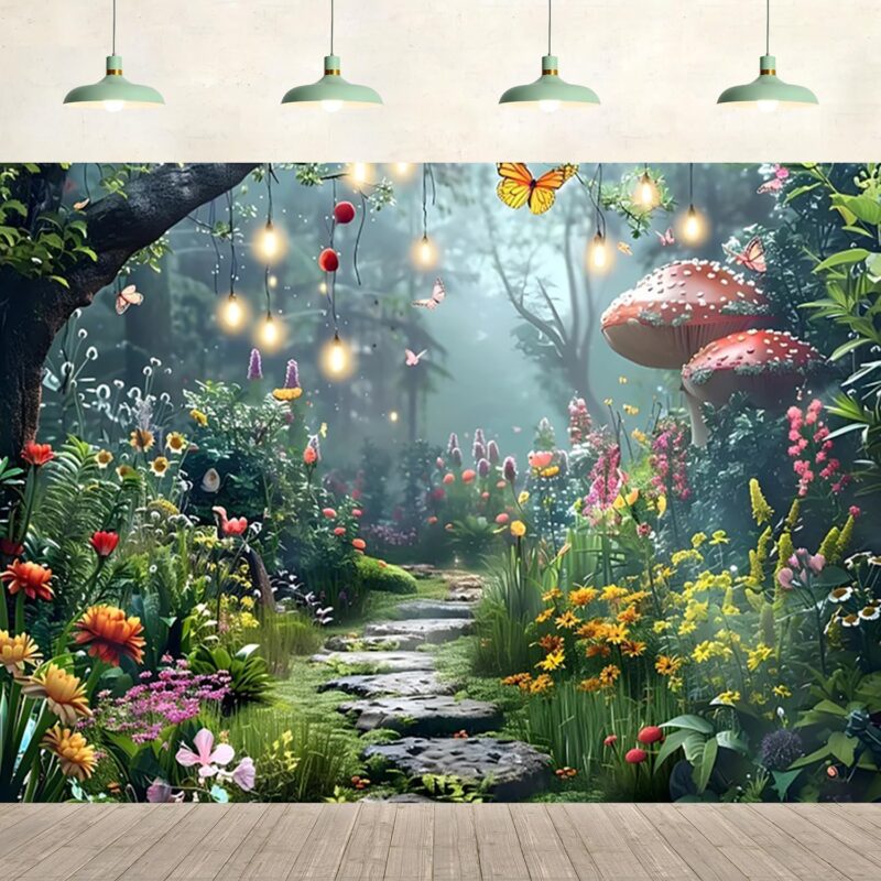 20x10ft Enchanted Forest Backdrop Magic Garden Wildflowers Mushroom Fantasy Scenery Background Birthday Baby Shower Bridal Party Supplies Kids Adult Portrait Photography Photo Studio Props