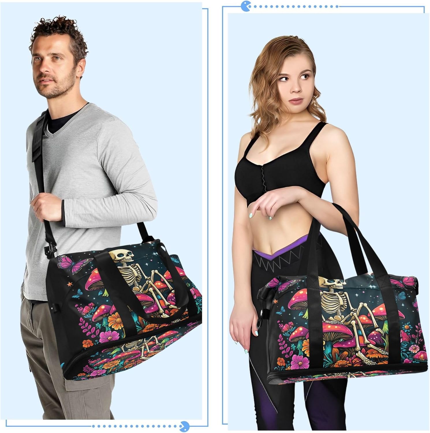 81wSnsV1RwL._AC_SL1500_.jpg Travel Duffel Tote Bag Skeleton Sitting on Mushrooms with Butterflies Sports Duffel Bag with Wet Pocket Weekender Overnight Bag for Women Men Gym Bag, Carry On Bag Hospital Bag for Labor and Delivery - Image 4