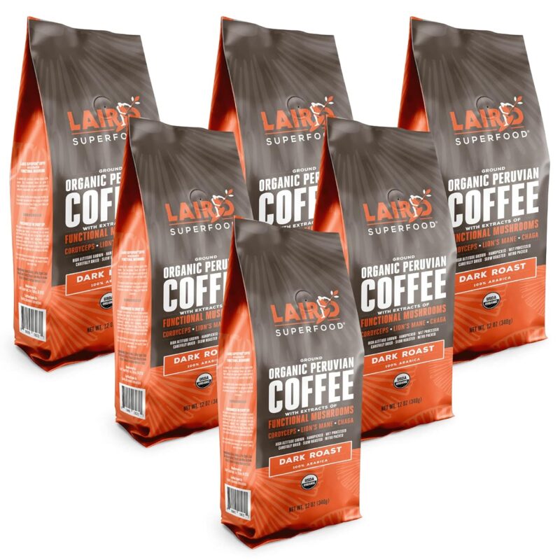 Laird Superfood Peruvian Dark Roast Coffee with Functional Mushrooms, Certified Organic Peruvian Ground Coffee Beans, Gluten-Free, Dairy-Free, Non-GMO, Paleo, Keto Friendly, 12 oz. Bag, Pack of 6