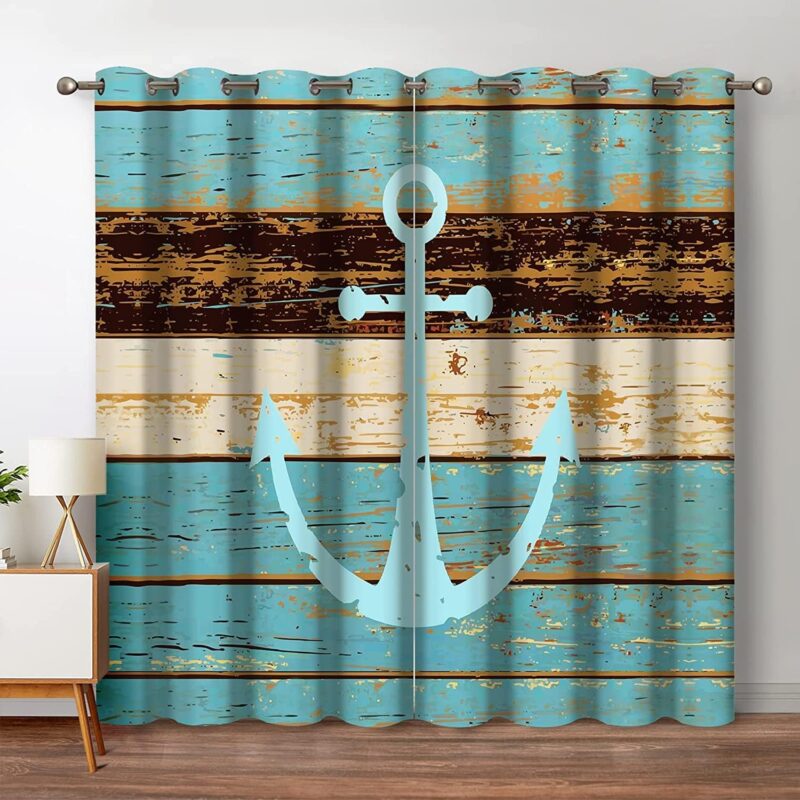 Jekeno Nautical Anchor Blackout Curtains Nautical Anchor on Vintage Wooden Board Home Bedroom Living Room Decor Grommet Window Drapes 2 Panel Set, 52"x63"