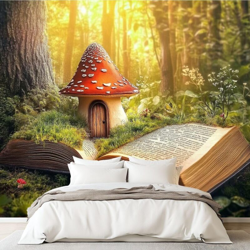 Removable Peel and Stick Wallpaper Magical Mushroom House Pages Opened Book Fantastic Self Adhesive Canvas Wall Murals for Kids Bedroom Living Room TV Background 100''x144''