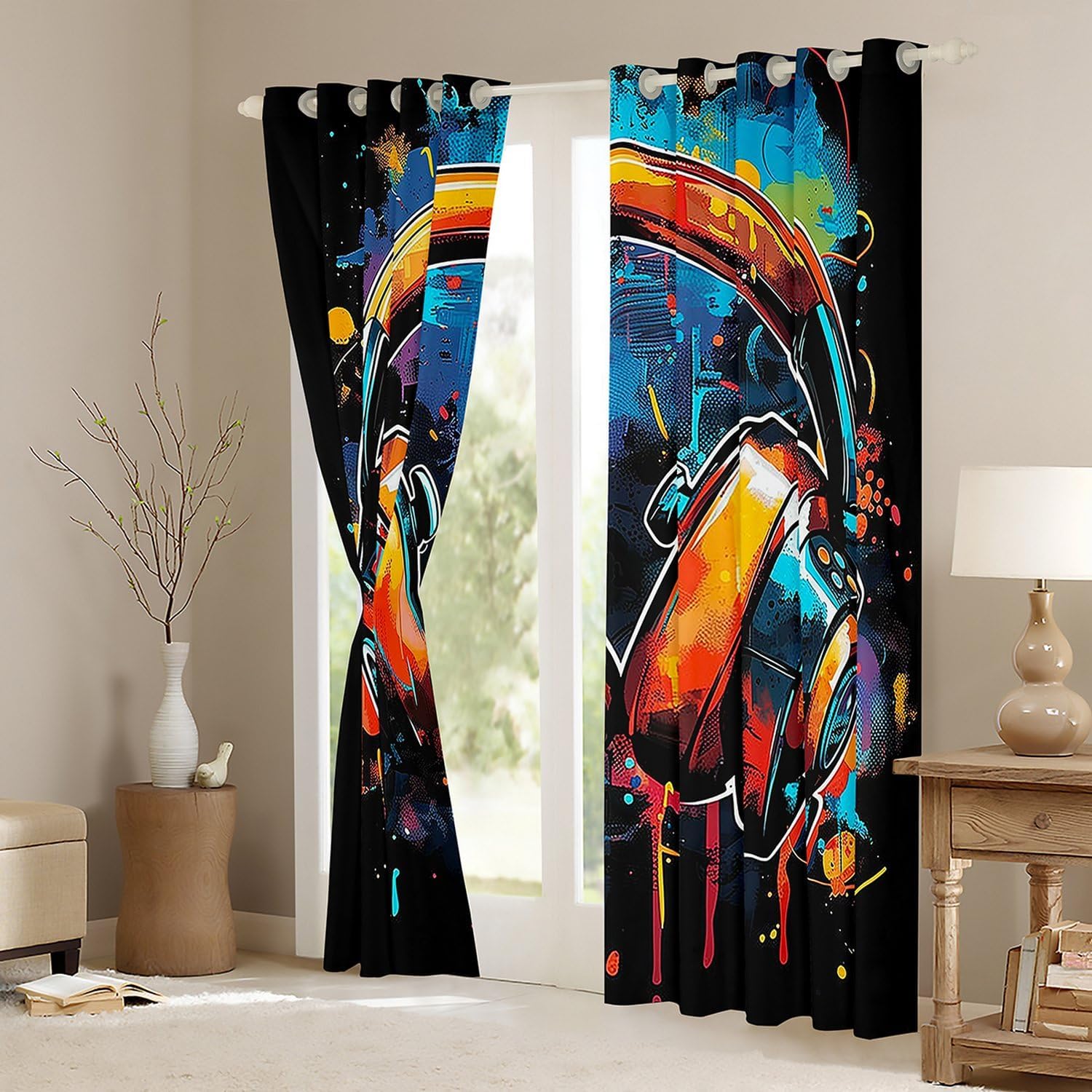 81xPDv3x29L._AC_SL1500_.jpg Erosebridal Headphones Curtains,Music Theme Headphone Curtains & Drapes for Kids Boys Girls,Musical Window Curtains for Bedroom,Grunge Colorful Graffiti Window Treatments 2 Panels 52" Wx63 L - Image 3