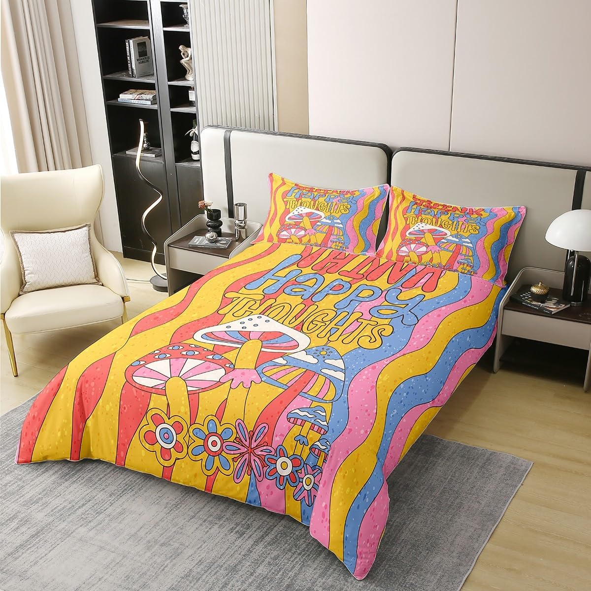 81yP0irL3uL._AC_SL1200_.jpg Erosebridal 100% Cotton Hippie Mushroom Bedding Sets Queen 70S 80S Groovy Party Comforter Cover,Vintage Fashion Bed Set Abstract Art Stripes Duvet Cover,Cute Kawaii Rainbow Quilt Cover Microfiber - Image 3