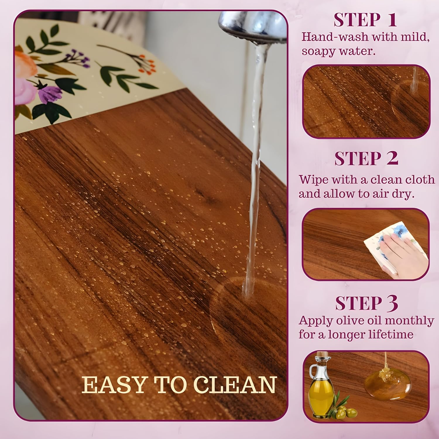 81yffD5eFnL._AC_SL1500_.jpg Acacia Wood Cutting Board for Kitchen – Large Wooden Decorative Hand Painted for Charcuterie Chopping Cheese bread and meat - With Handle (21 x 10 x 0.8 in) (Pink) - Image 6