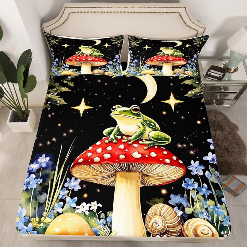 Wild Mushroom Bed Sheets Queen,Cute Frog Mushroom for Kids Boys Natural Fungus Fitted Sheet,Galaxy Rustic Jungle Botanical Sheets for Girls Women Bedroom