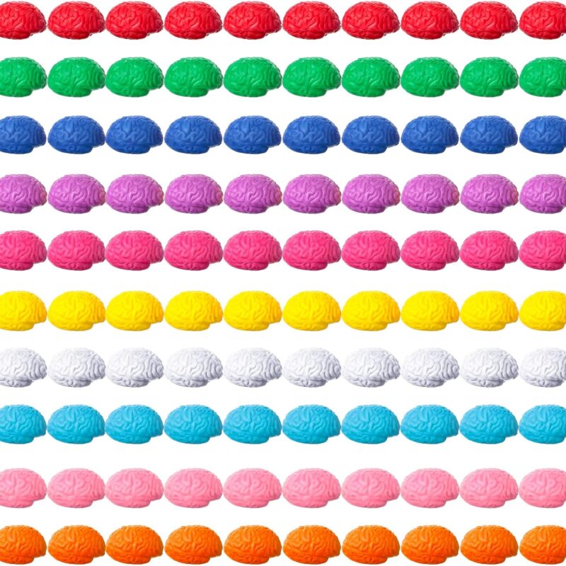 Skylety 100 Pcs Brain Stress Ball Halloween Funny Toy PU Hand Muscle Exercise Pressure Ball 10 Colors Brain Shaped Ball for Teens Adults Improving Grip Strength Object Recognition Prop(Mini)