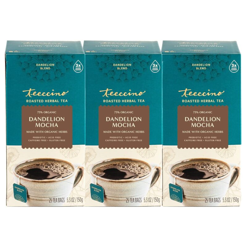 Teeccino Dandelion Mocha Tea - Caffeine-Free, Roasted Herbal Tea with Prebiotics, 3x More Herbs than Regular Tea Bags - Gluten-Free, Acid-Free Coffee Alternative - 25 Tea Bags (Pack of 3)
