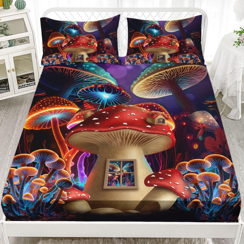 AILONEN Mushroom Fitted Sheet Set Queen Size, Fairy Mushroom House Bed Sheet Set,Purple Glitter Magical Mushroom Sheet,Fantasy Botanical Bedding Set for Girls Boys, 1 Fitted Sheet and 2 Pillowcases