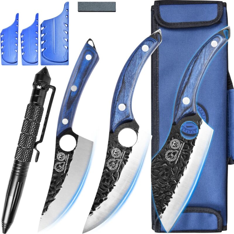 XYJ Professional Kitchen Knife Set with High-Carbon Steel Forged Blades, Chef's Knife, Cleaver, Carving Knife, Nakiri, Full Tang Design, Includes Carrying Bag & Poultry Scissors