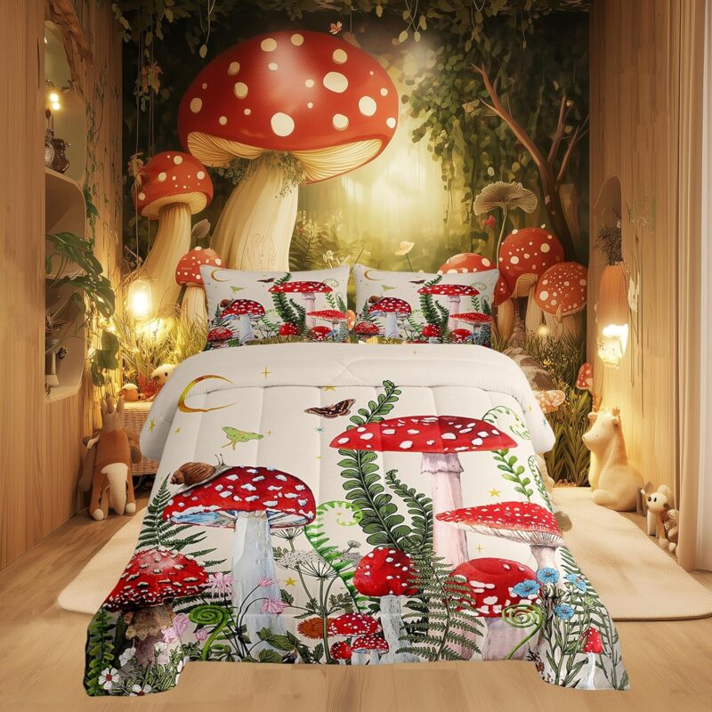 Castle Fairy Watercolor Mushroom Comforter Queen,Jungle Botanical Plants Butterfly Snail Quilt Comforter with 2 Pillowcases,Glittering Starry Sky Moon Bedding Set Comfortable,Soft and Breathable